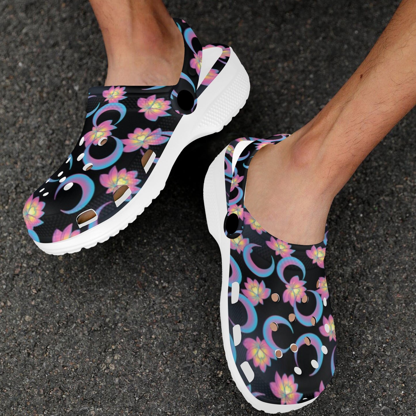Lotus with Moon Pink Print Themed Unisex Clogs Shoes