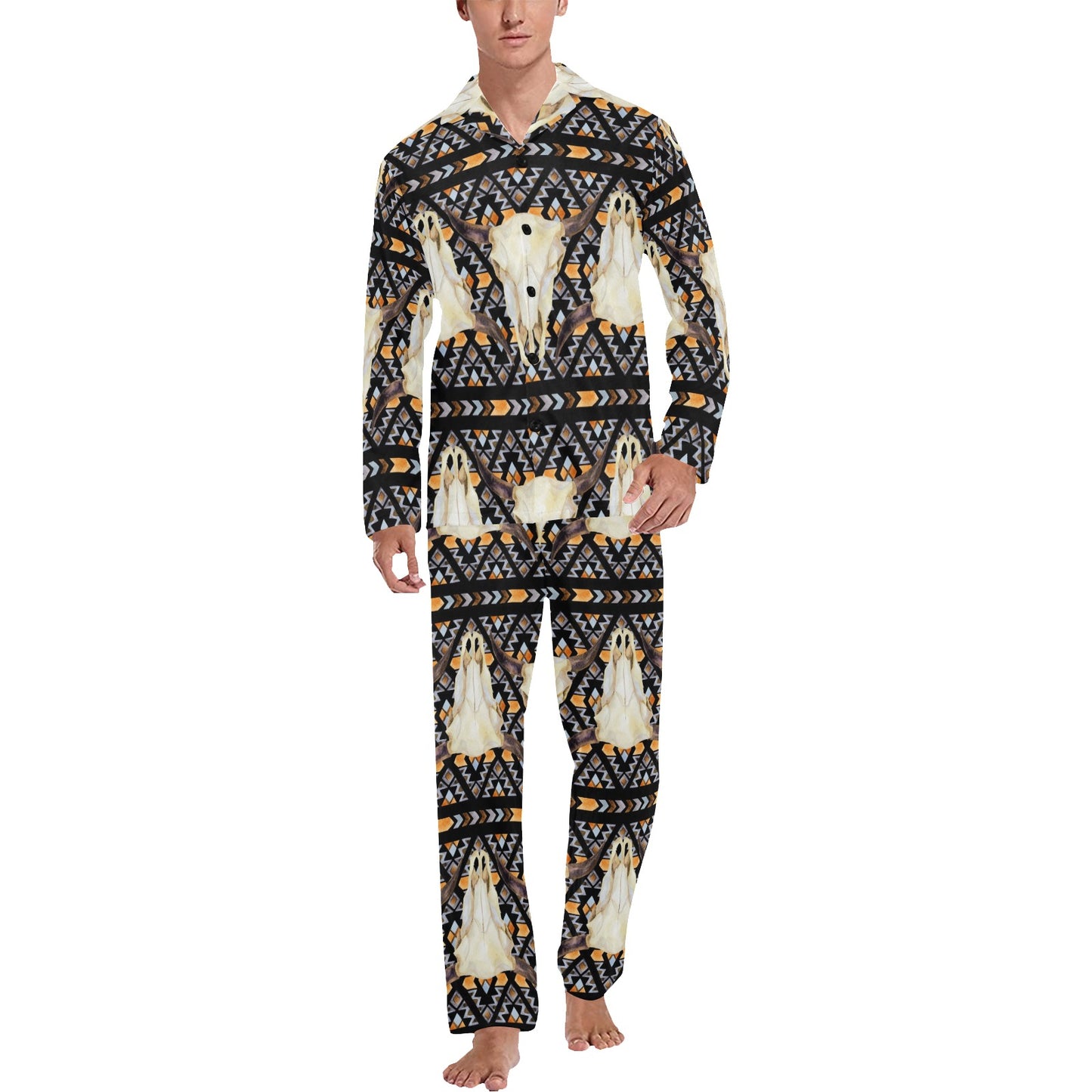 Buffalo Head Pattern Print Design 03 Men's Long Pajama Set