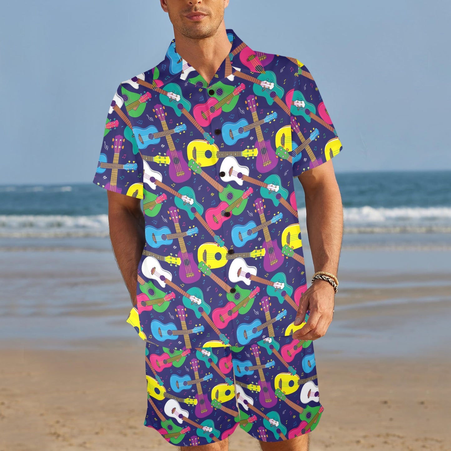 Ukulele Pattern Print Design 02 Men's Beach Shirt and Shorts Set