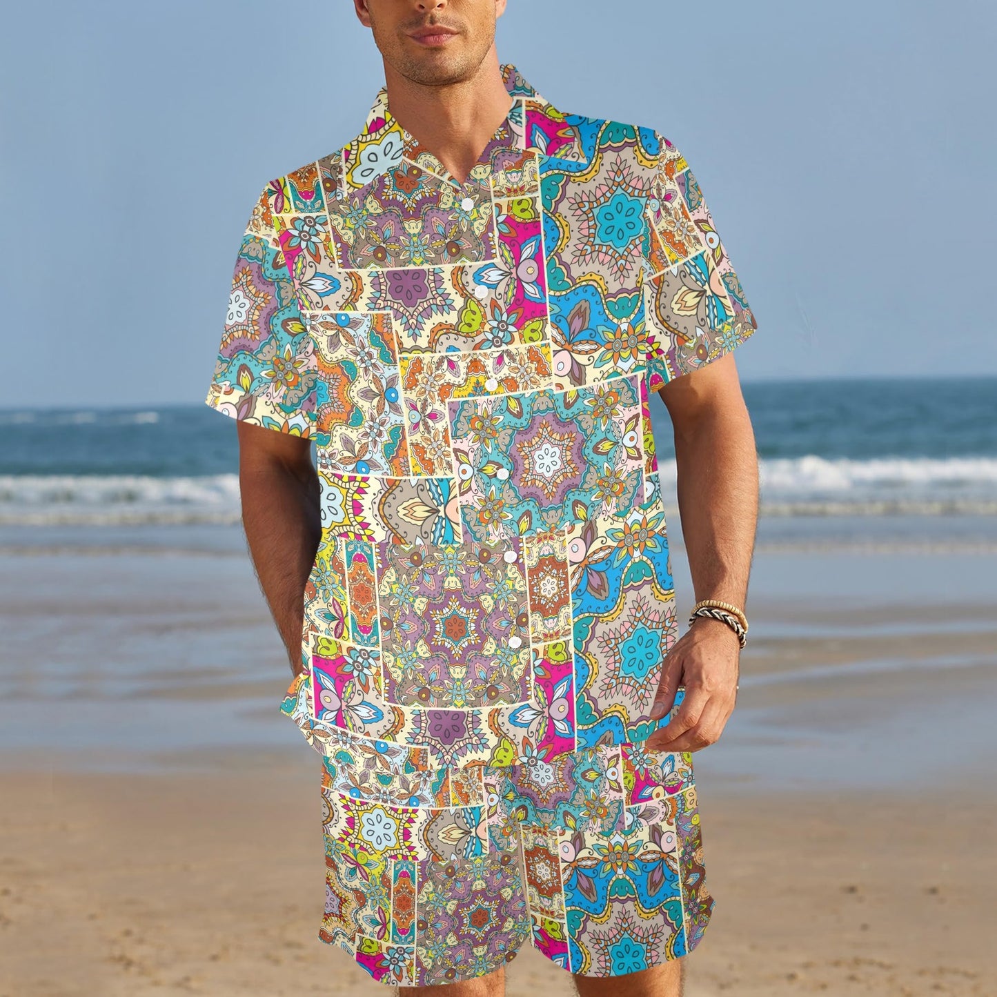 Patchwork Print Design LKS402 Men's Beach Shirt and Shorts Set