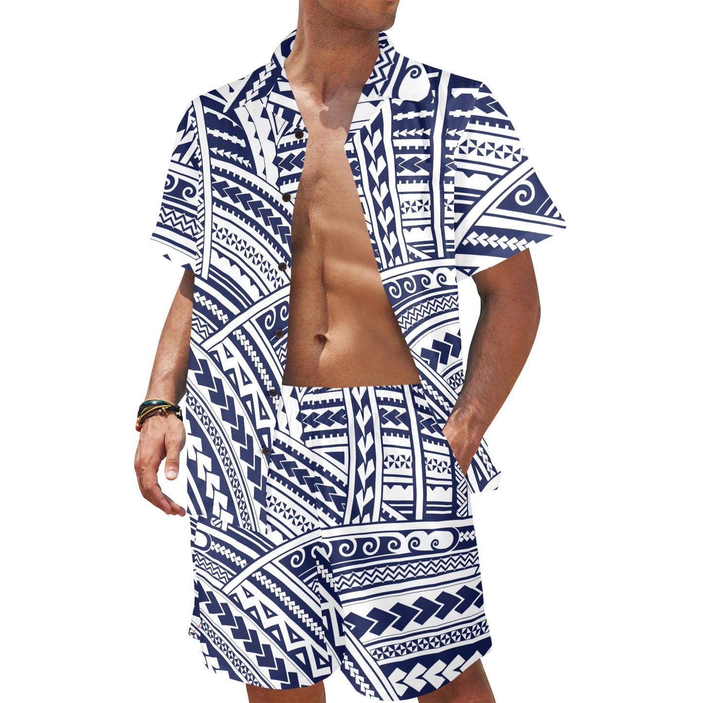 Polynesian Tribal Circle Round beach Blanket Men's Beach Shirt and Shorts Set