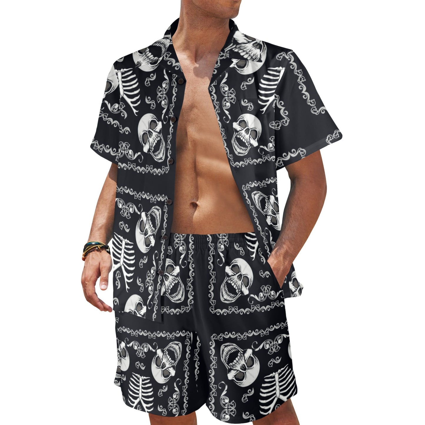 Bandana Skull Black White Print Design LKS306 Men's Beach Shirt and Shorts Set