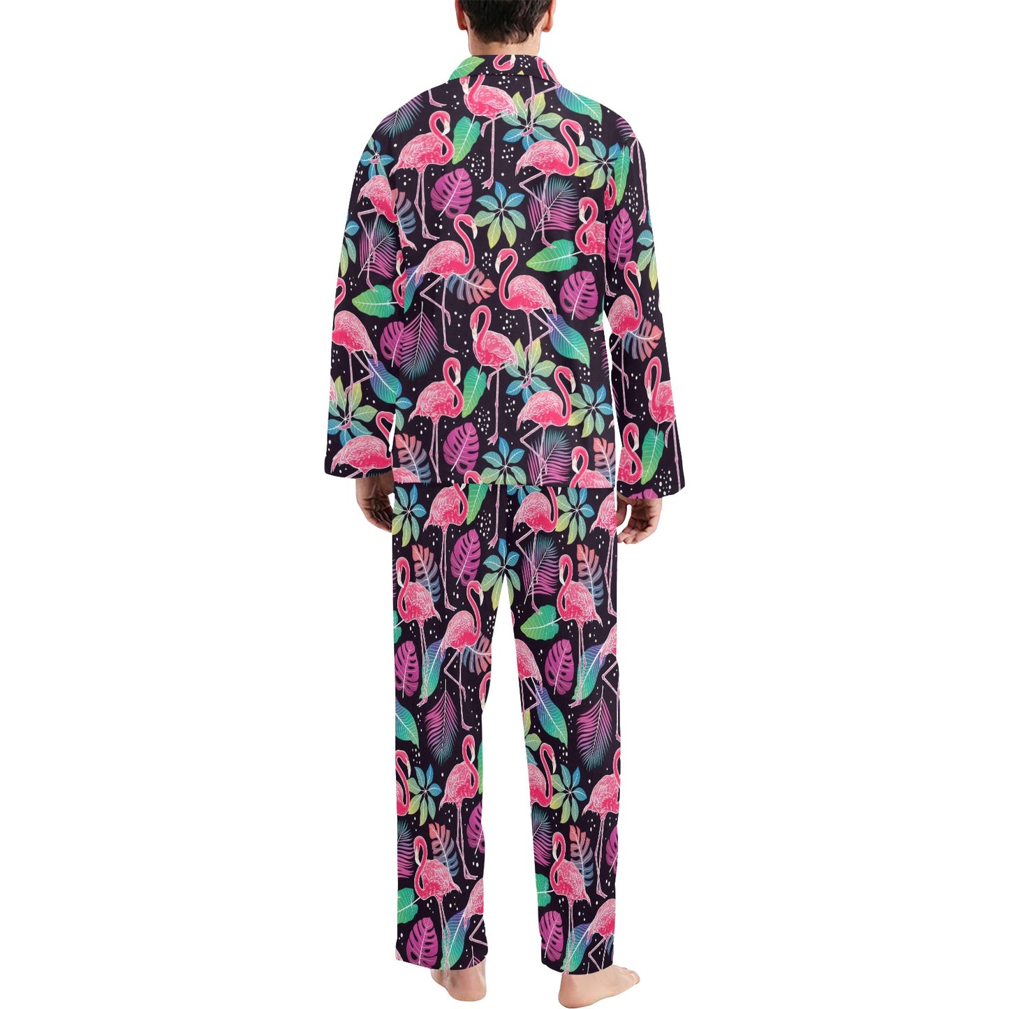 Flamingo Tropical leaves Neon Print Men's Long Pajama Set
