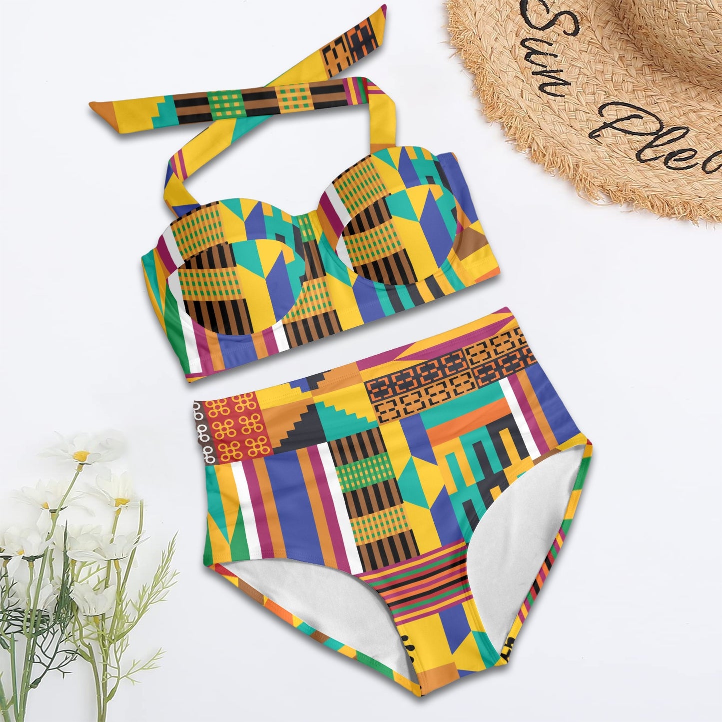 Kente Pattern Print Design 03 Halter Neck Bikini Swimsuit