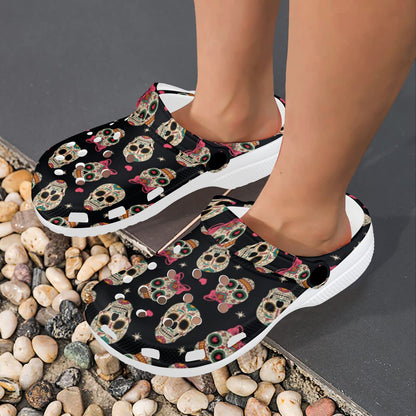 Sugar Skull Pink Bow Themed Print Unisex Clogs Shoes
