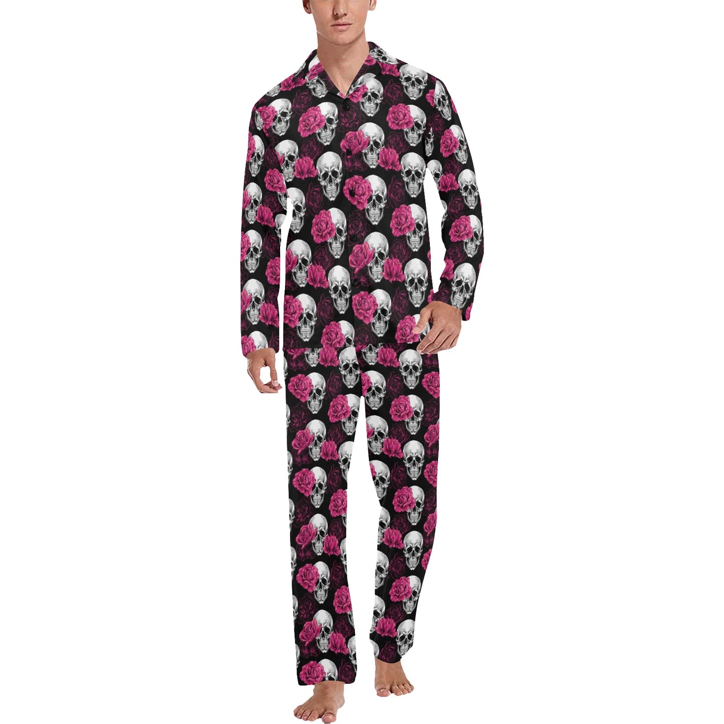 Pink Rose Skull Themed Print Men's Long Pajama Set