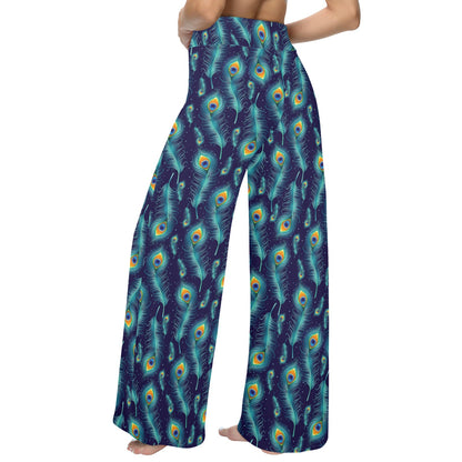 Peacock Feather Blue Design Print Women's Wide Leg Lounge Pants