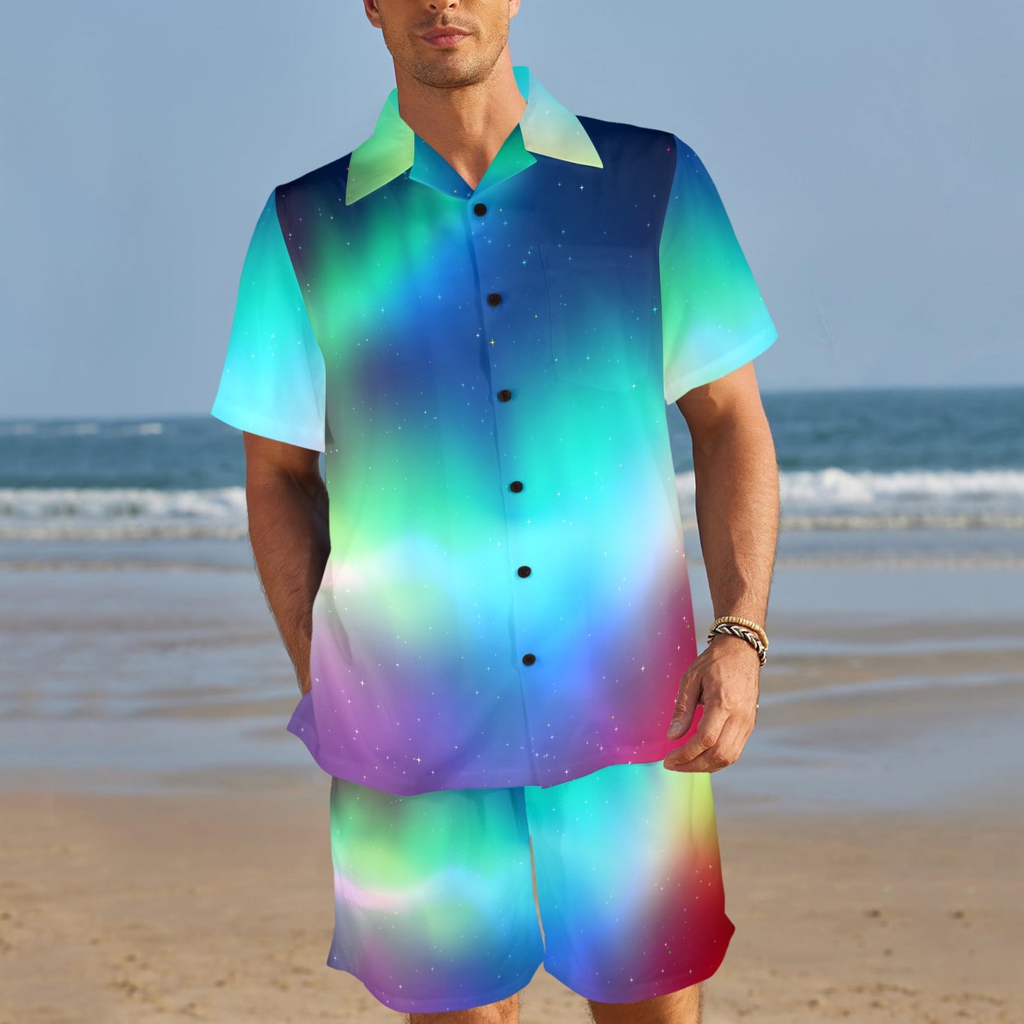 Aurora Borealis Pattern Print Design 02 Men's Beach Shirt and Shorts Set
