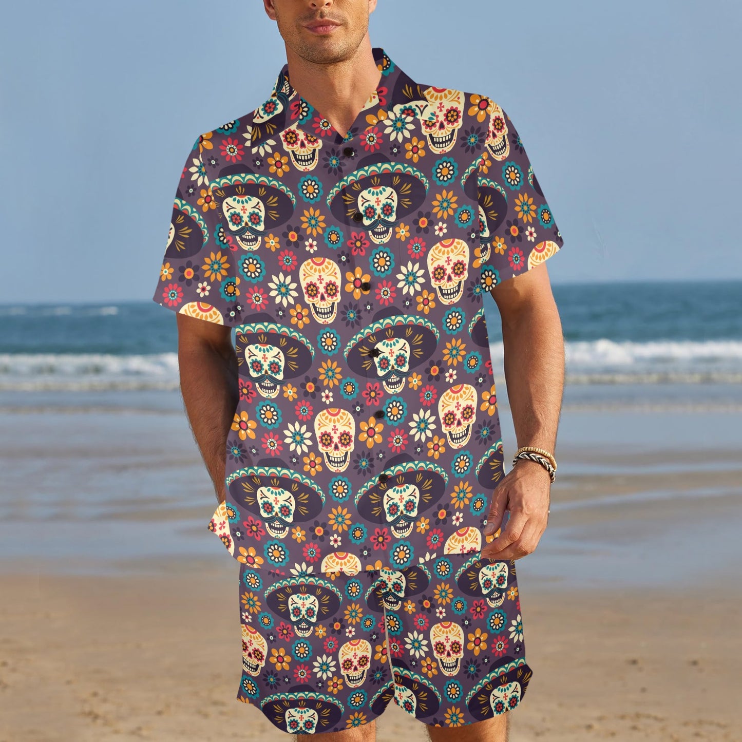 sugar skull Maxican Pattern Men's Beach Shirt and Shorts Set