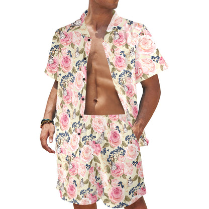 Floral Pink Butterfly Print Men's Beach Shirt and Shorts Set