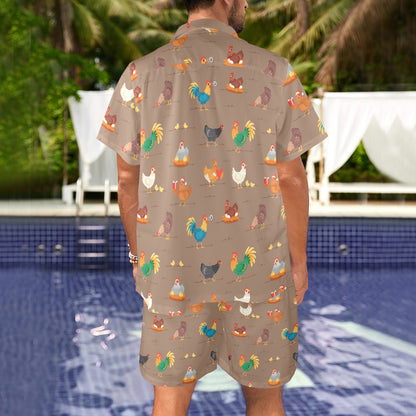Chicken Happy Print Pattern Men's Beach Shirt and Shorts Set