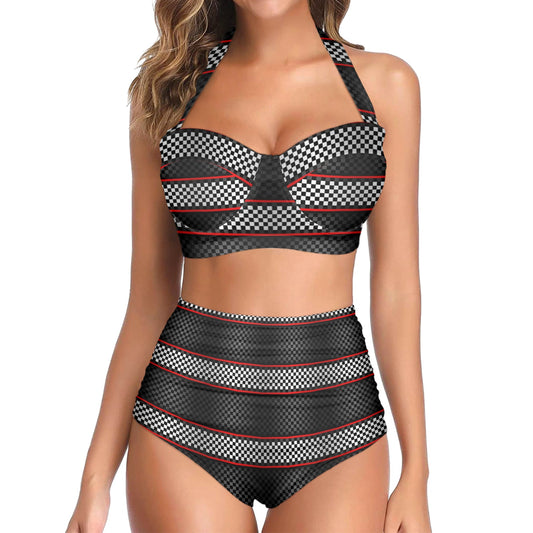 Checkered Flag Red Line Style Halter Neck Bikini Swimsuit