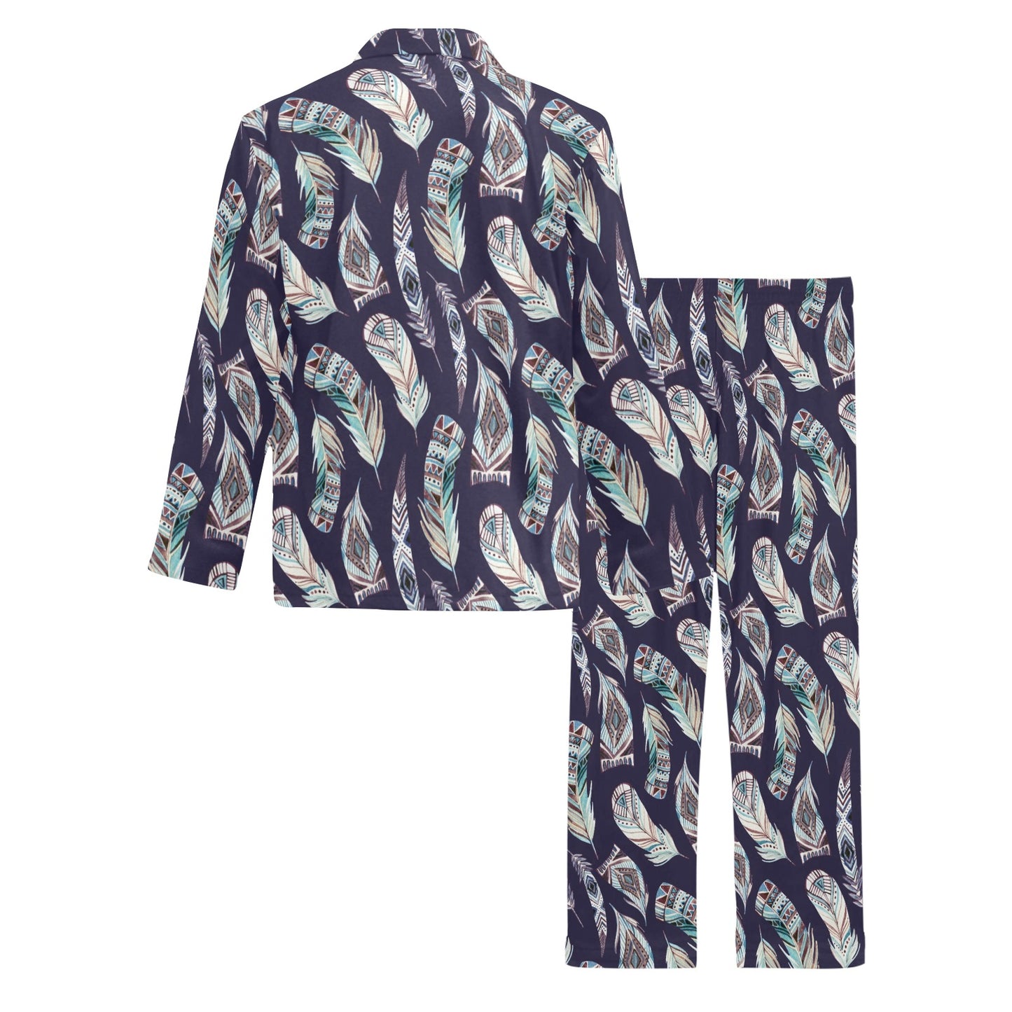 Feather Vintage Boho Design Print Men's Long Pajama Set