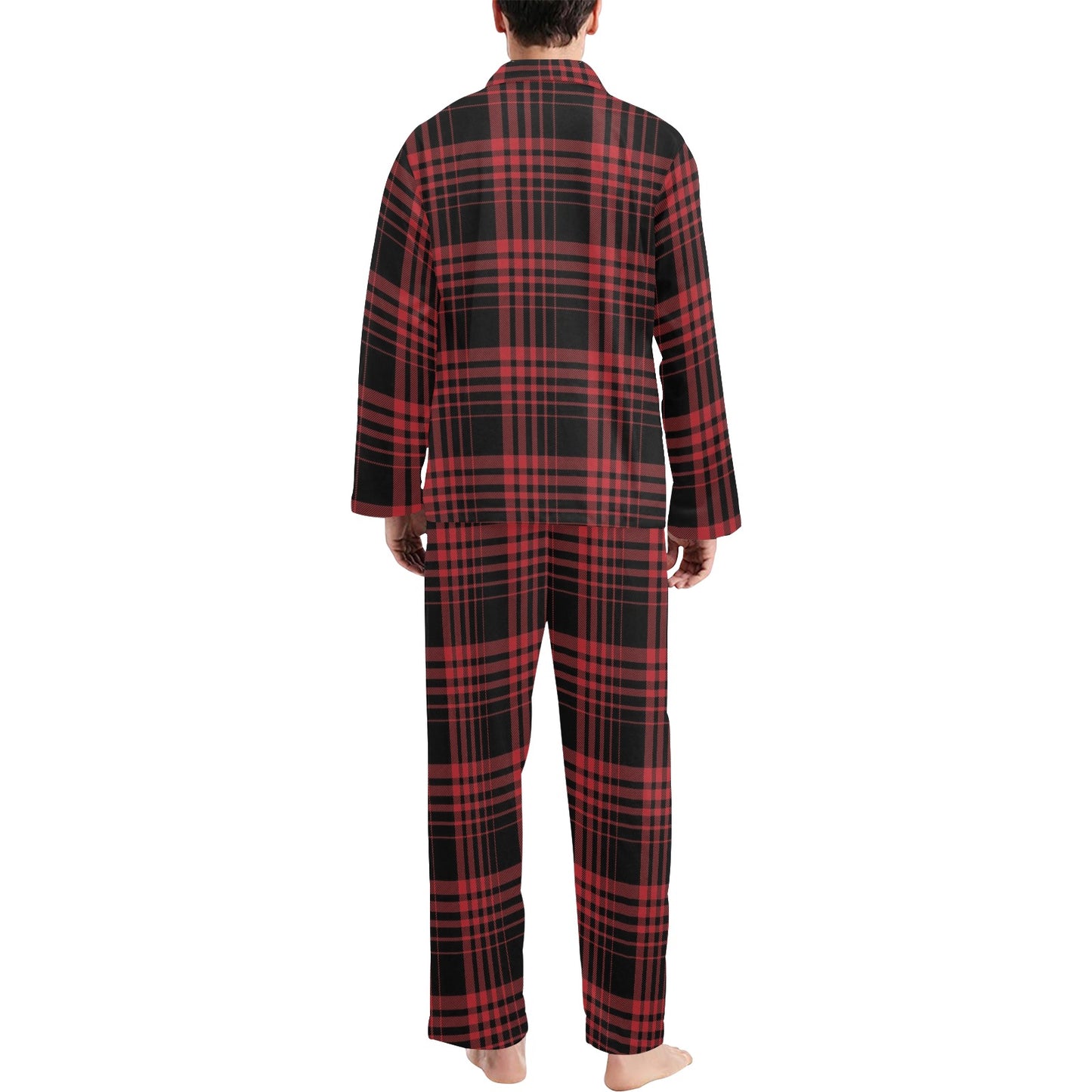 Tartan Red Black Print Design LKS303 Men's Long Pajama Set