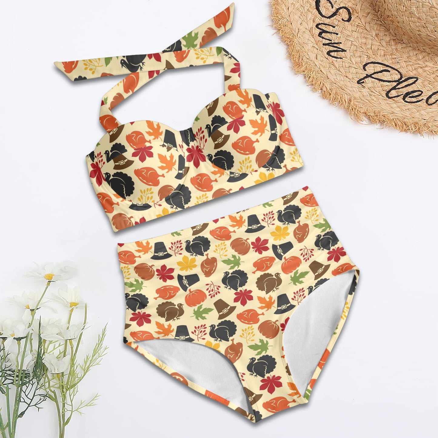Thanksgiving Print Design LKS303 Halter Neck Bikini Swimsuit