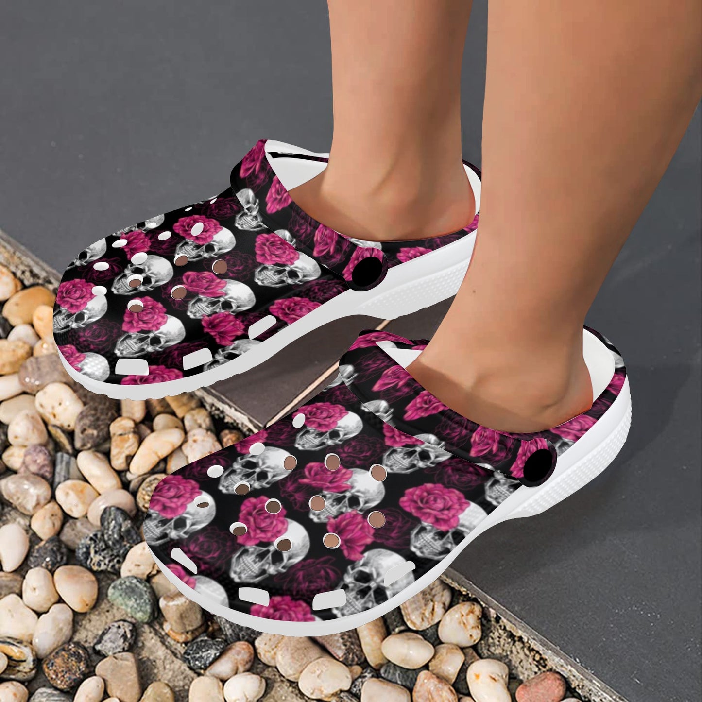 Pink Rose Skull Themed Print Unisex Clogs Shoes