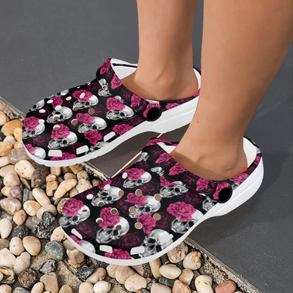 Pink Rose Skull Themed Print Unisex Clogs Shoes
