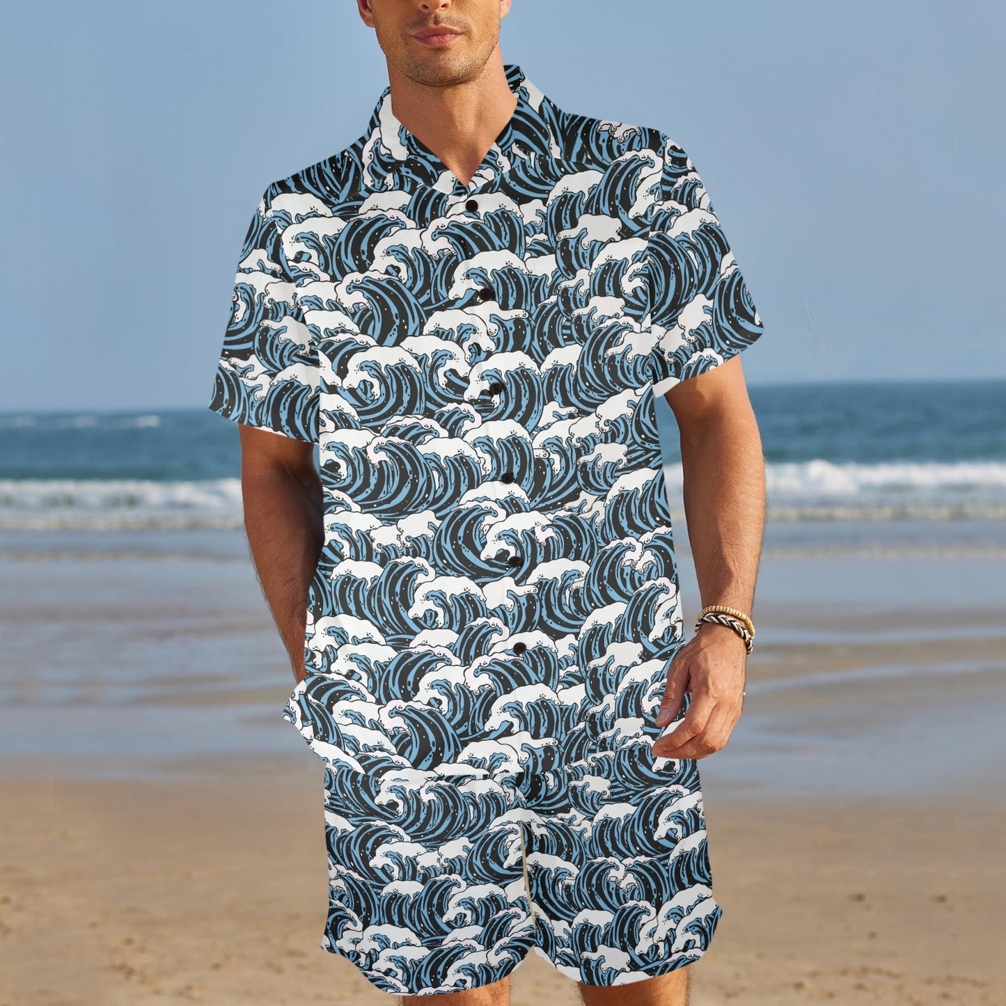 Surf Wave Pattern Print Men's Beach Shirt and Shorts Set