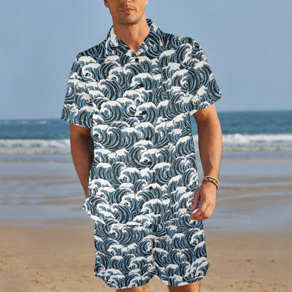 Surf Wave Pattern Print Men's Beach Shirt and Shorts Set