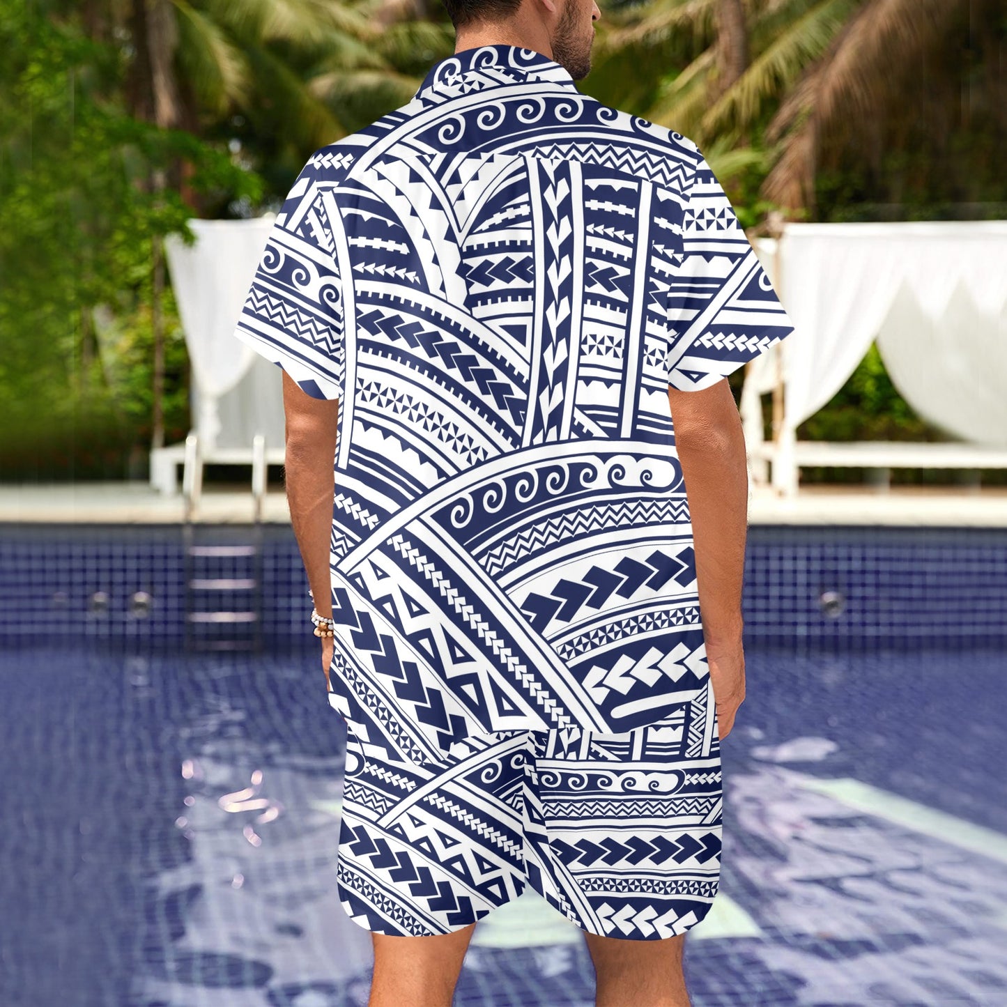 Polynesian Tribal Circle Round beach Blanket Men's Beach Shirt and Shorts Set