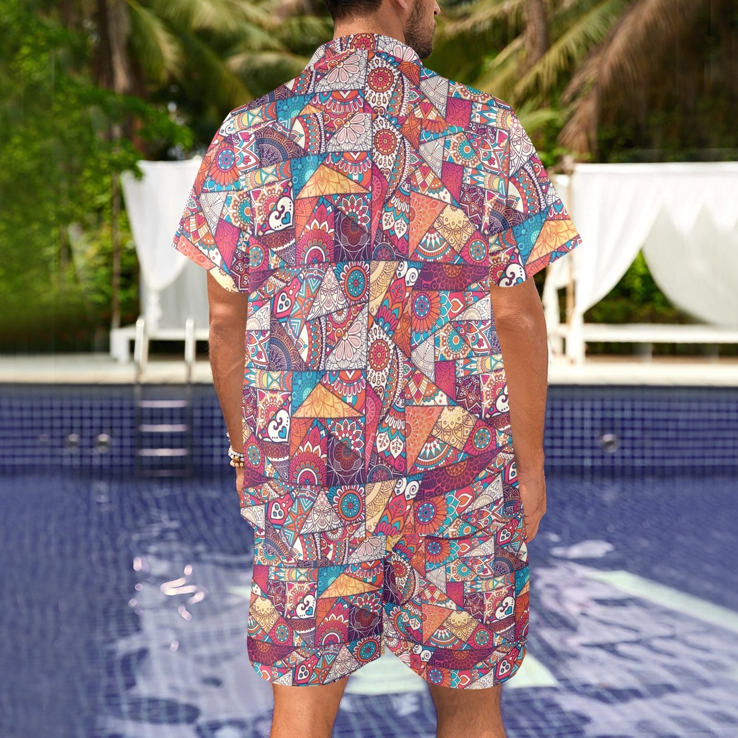 Patchwork Print Design LKS401 Men's Beach Shirt and Shorts Set