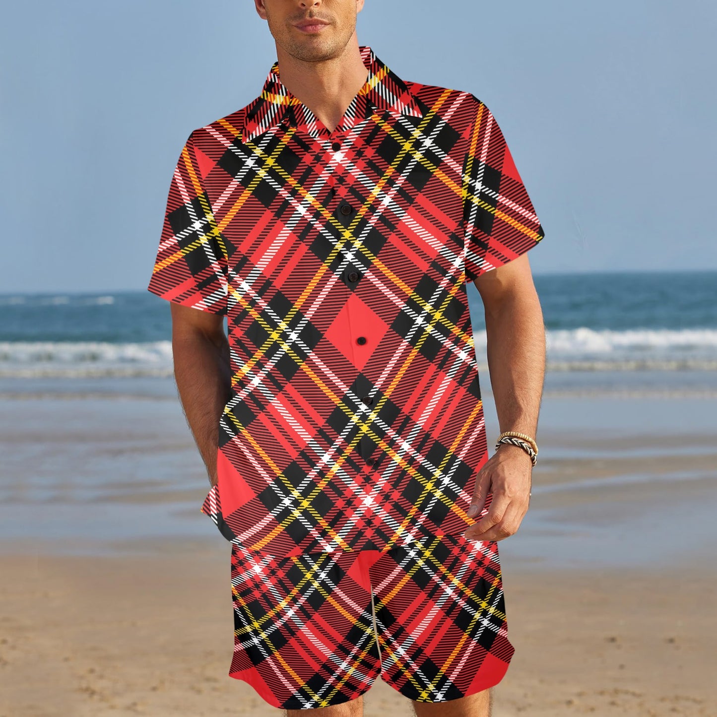 Plaid Red Pattern Print Design A03 Men's Beach Shirt and Shorts Set