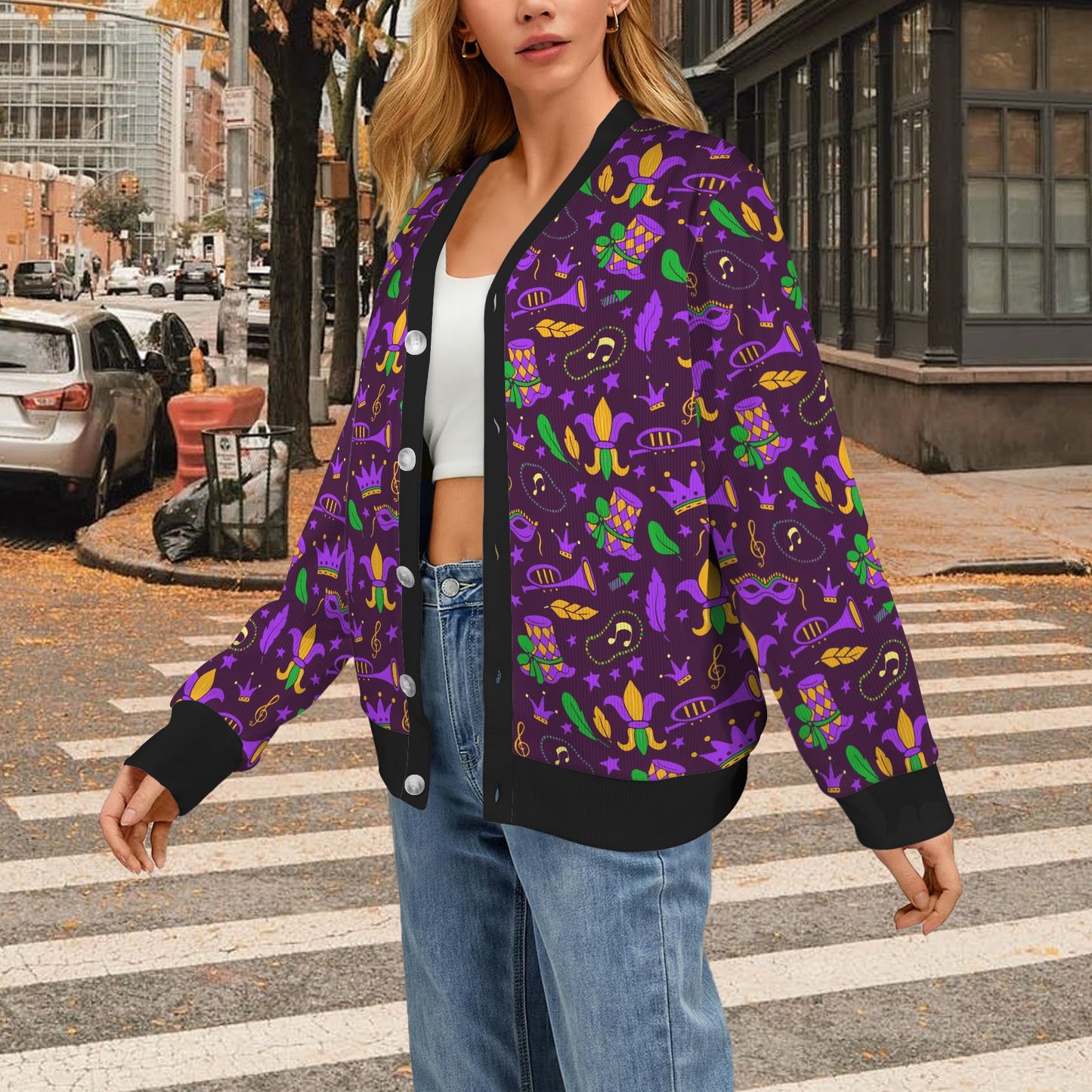 Mardi Gras Pattern Print Design 08 Women's Cardigan