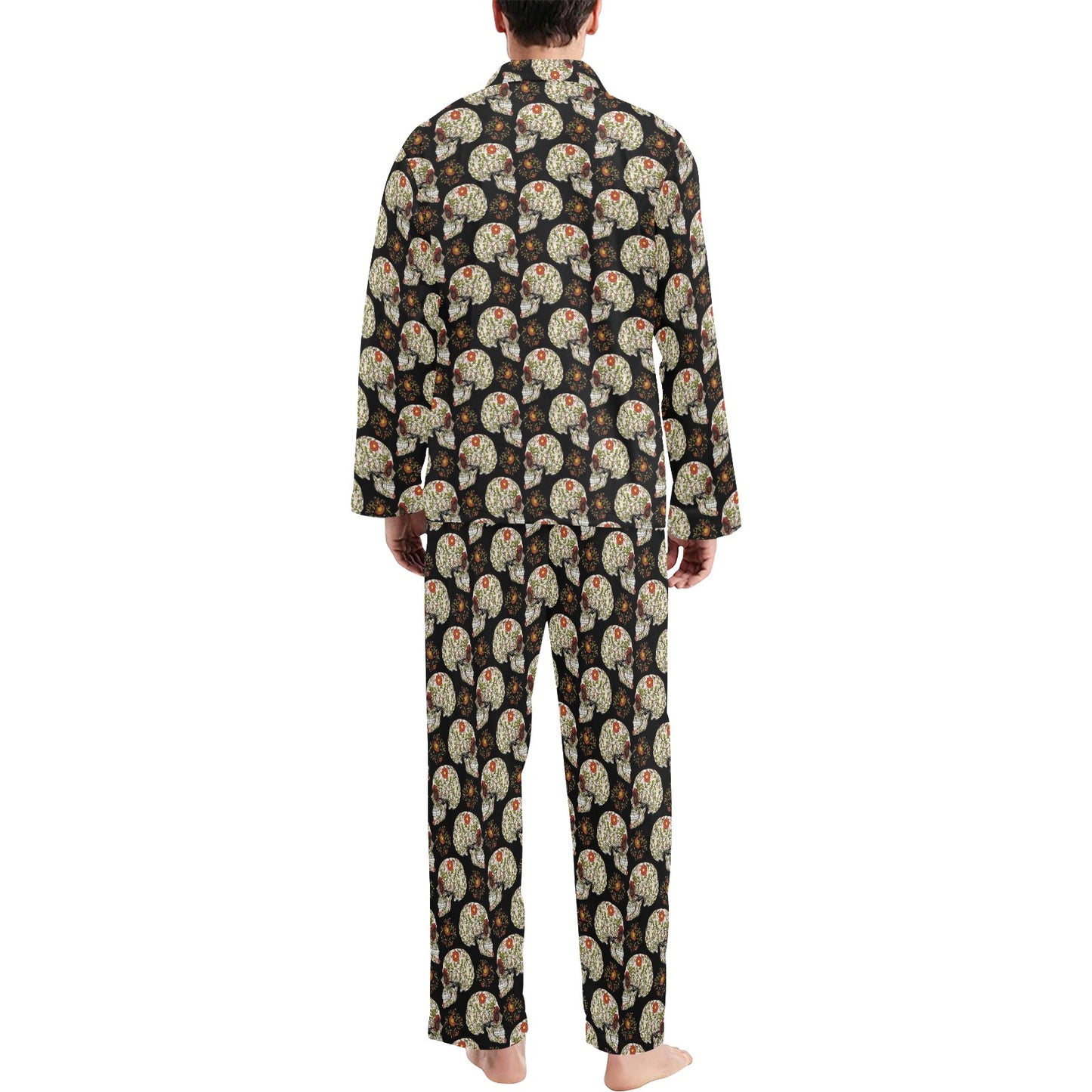 Sugar Skull Flower Design Themed Print Men's Long Pajama Set