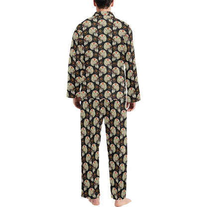 Sugar Skull Flower Design Themed Print Men's Long Pajama Set