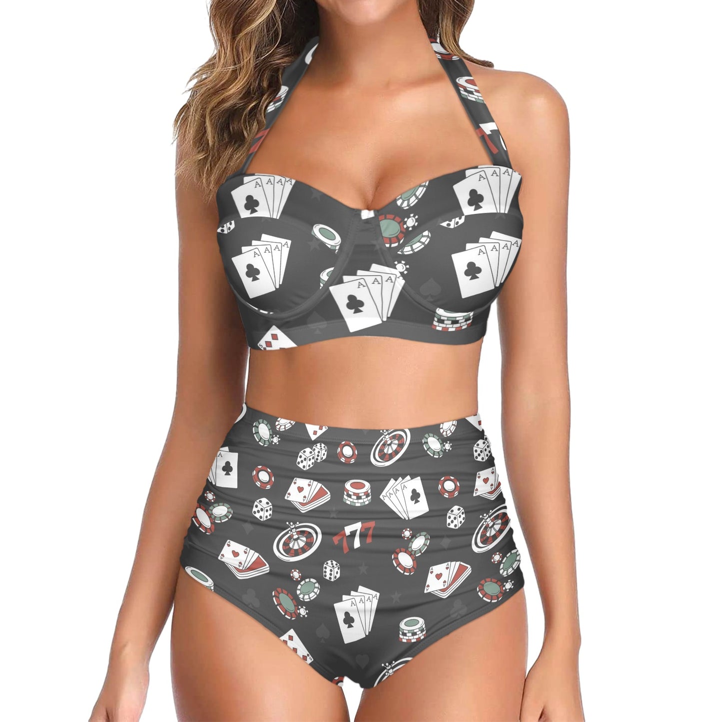 Casino Pattern Print Design 02 Halter Neck Bikini Swimsuit