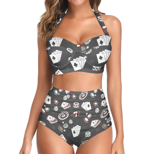 Casino Pattern Print Design 02 Halter Neck Bikini Swimsuit