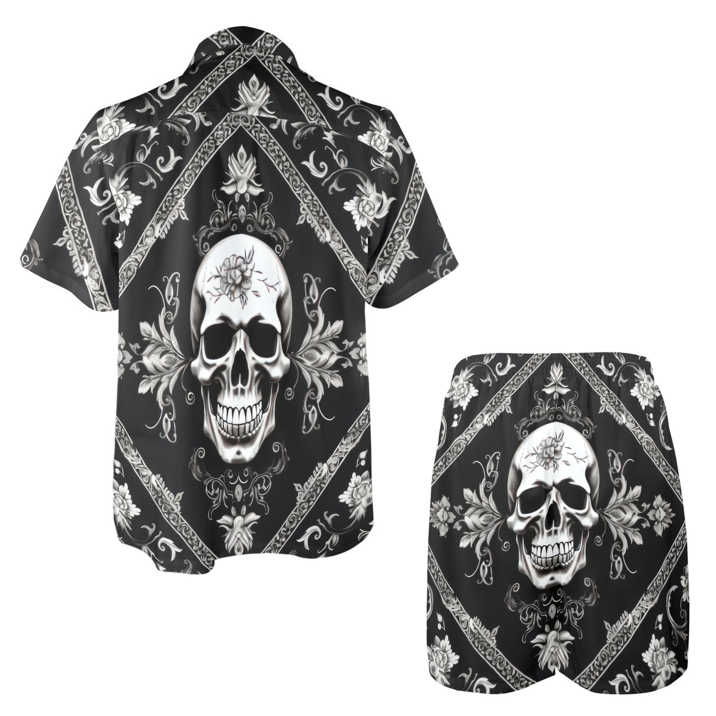 Bandana Black Style with Skull Men's Beach Shirt and Shorts Set