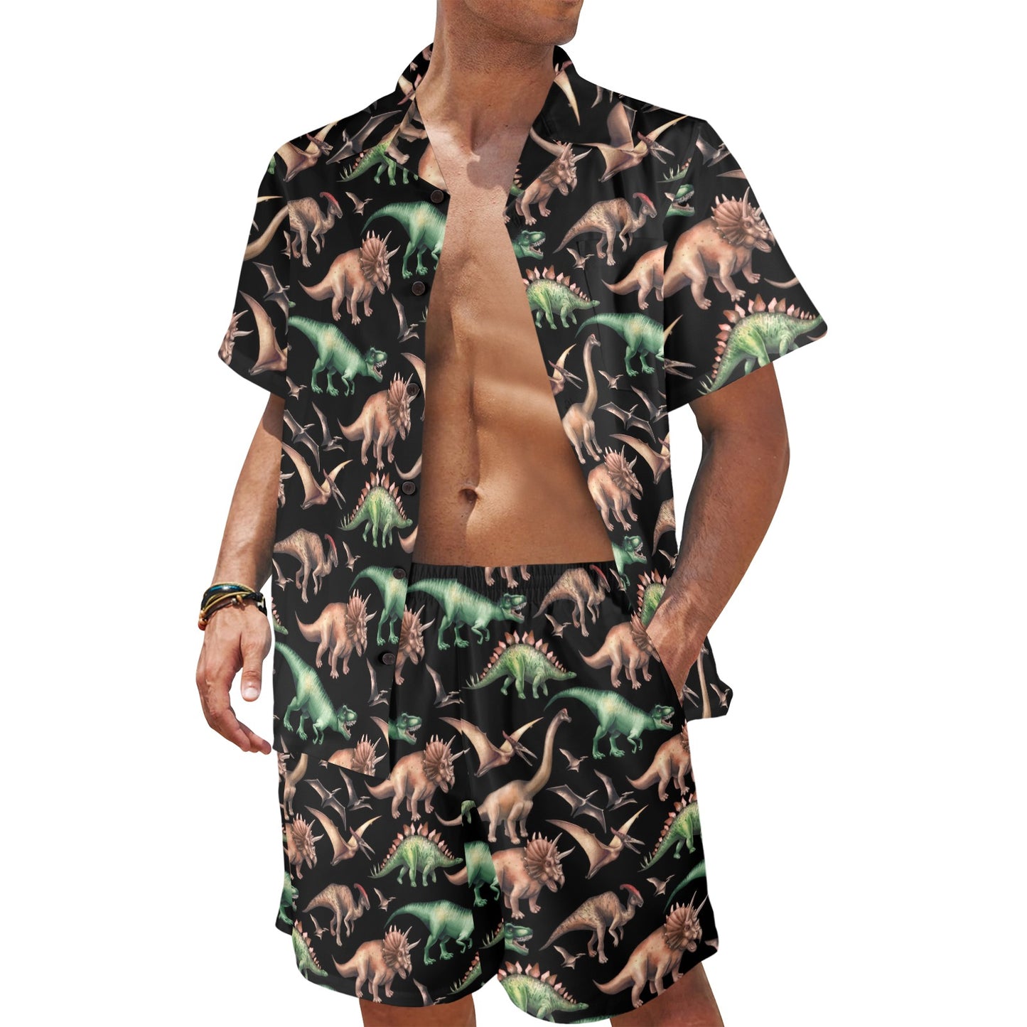 Dinosaur Print Pattern Men's Beach Shirt and Shorts Set
