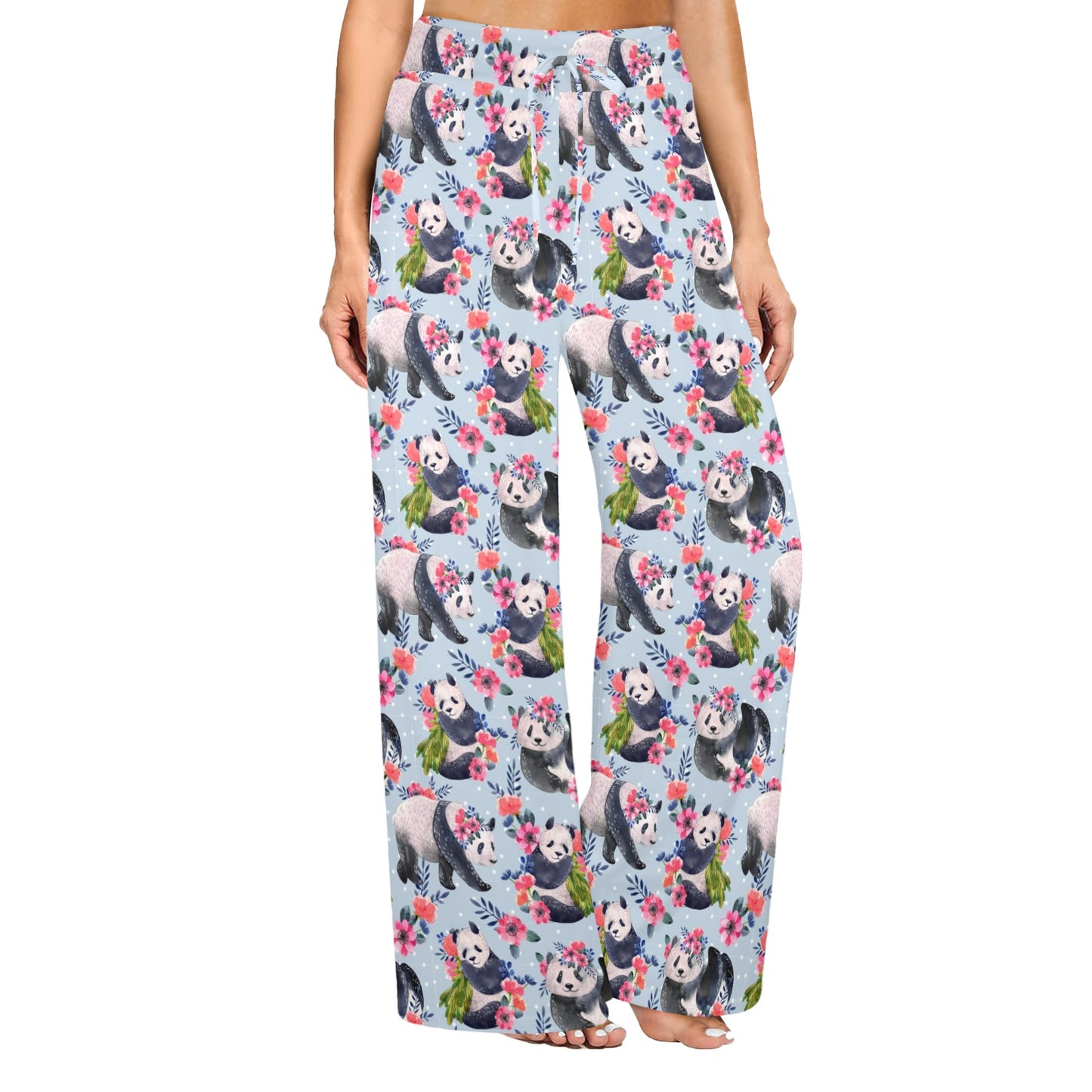 Panda Bear Flower Design Themed Print Women's Wide Leg Lounge Pants