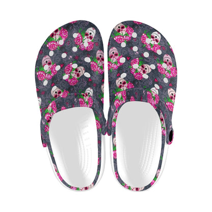 Sugar Skull Pink Rose Themed Print Unisex Clogs Shoes