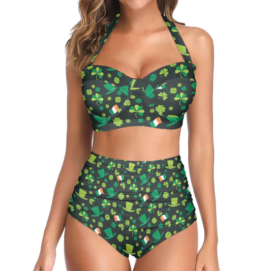 Shamrock Saint Patrick's Day Print Design LKS304 Halter Neck Bikini Swimsuit