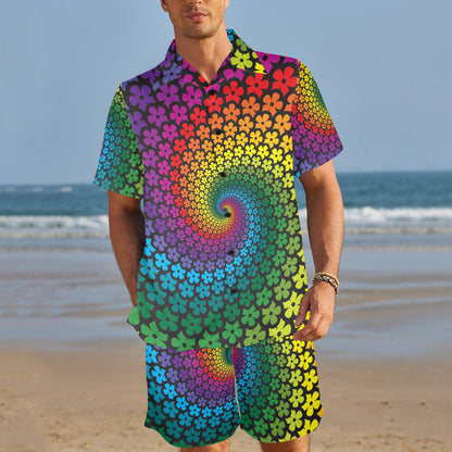 Flower Power Rainbow Spiral Print Men's Beach Shirt and Shorts Set