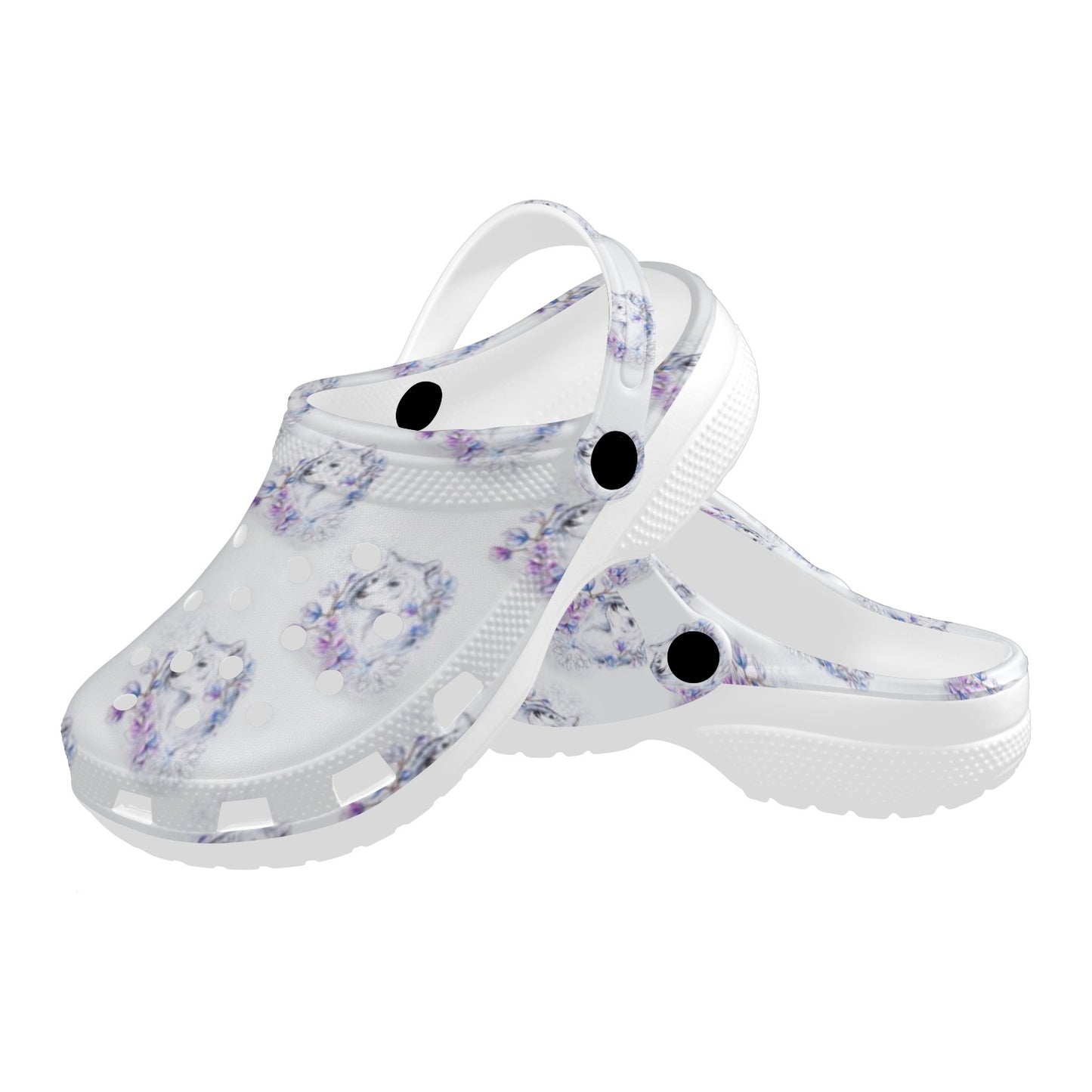 Wolf with Flower Print Design Unisex Clogs Shoes