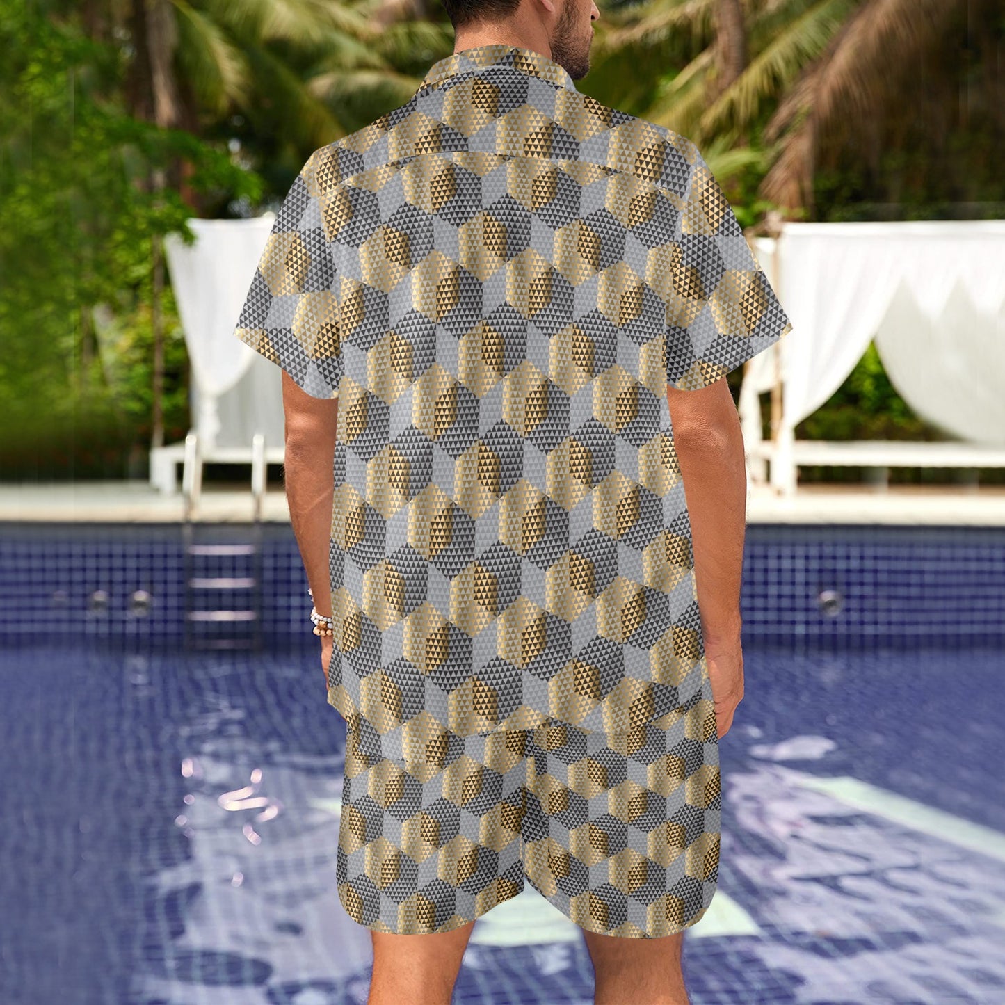 Hexagonal gold black Design Print Pattern JJ0343 Men's Beach Shirt and Shorts Set