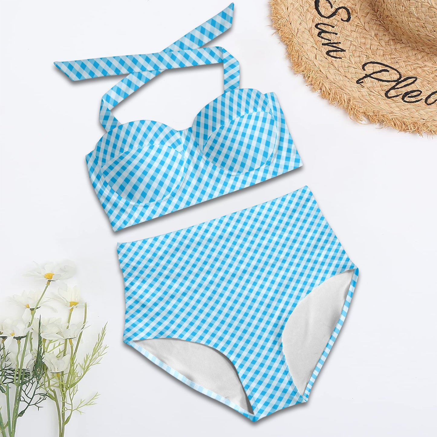 Gingham Print Design LKS401 Halter Neck Bikini Swimsuit