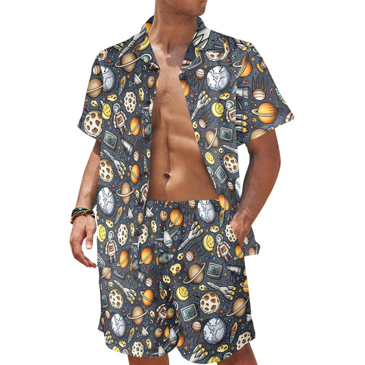 Space Pattern Print Men's Beach Shirt and Shorts Set