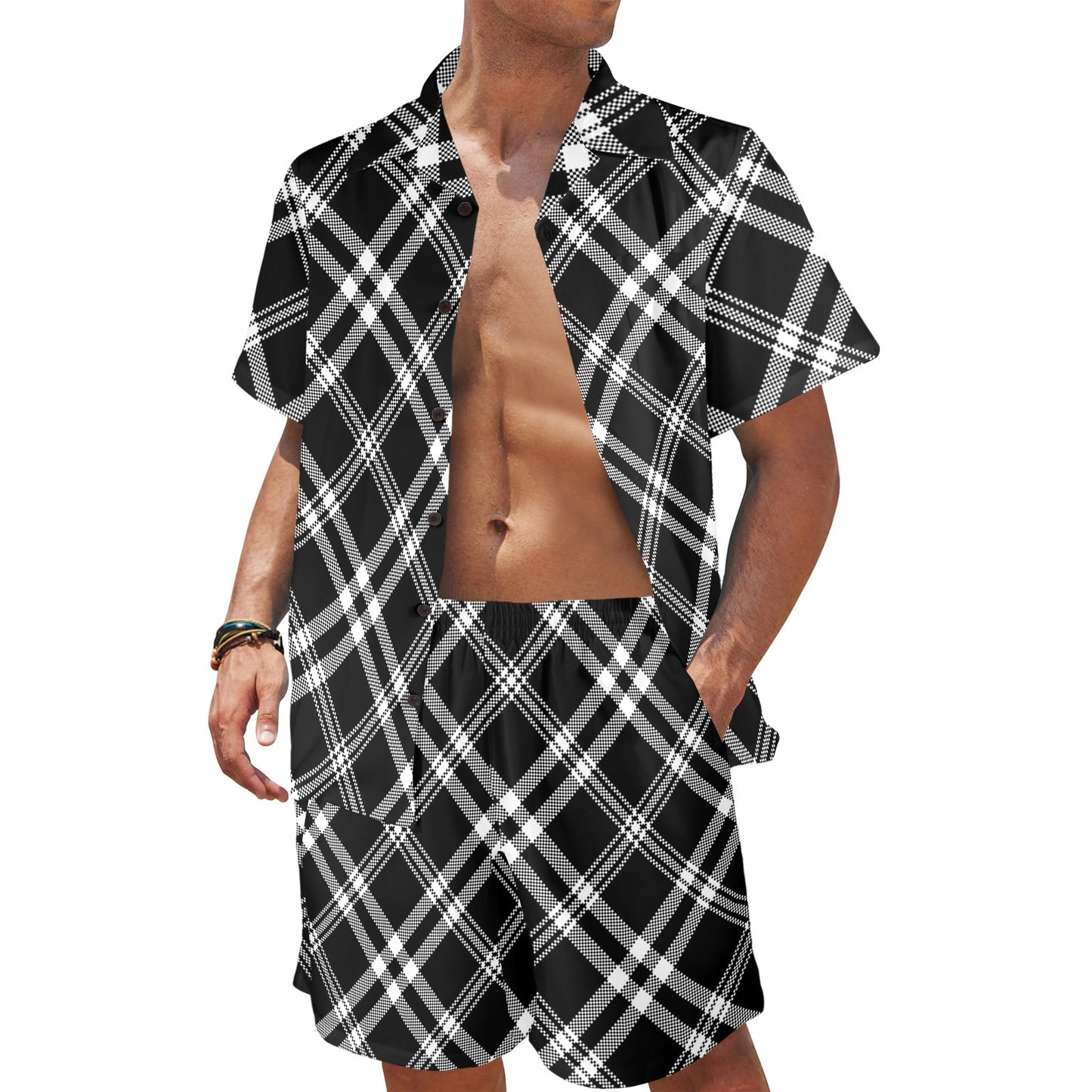 Madras Pattern Print Design 03 Men's Beach Shirt and Shorts Set