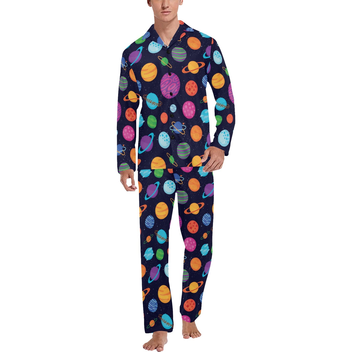 Planet Multicolor Print Design LKS302 Men's Long Pajama Set