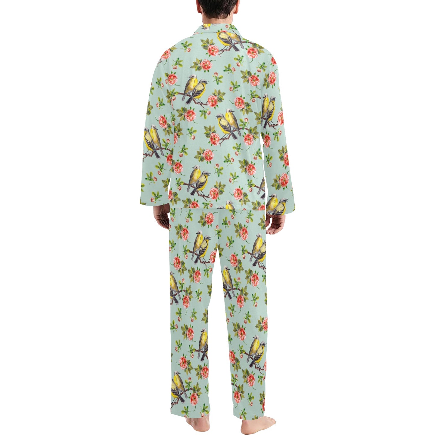 Bird with Red Flower Print Pattern Men's Long Pajama Set