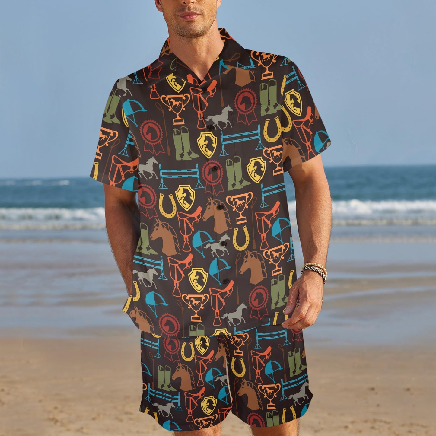 Equestrian Equipment Horse Colorful Men's Beach Shirt and Shorts Set