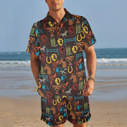 Equestrian Equipment Horse Colorful Men's Beach Shirt and Shorts Set