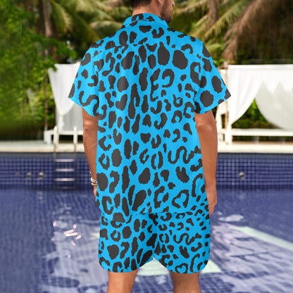 Cheetah Blue Print Pattern Men's Beach Shirt and Shorts Set