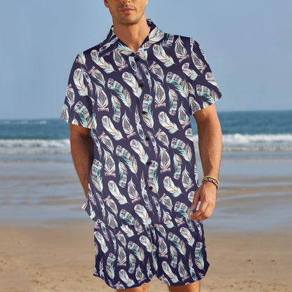 Feather Vintage Boho Design Print Men's Beach Shirt and Shorts Set