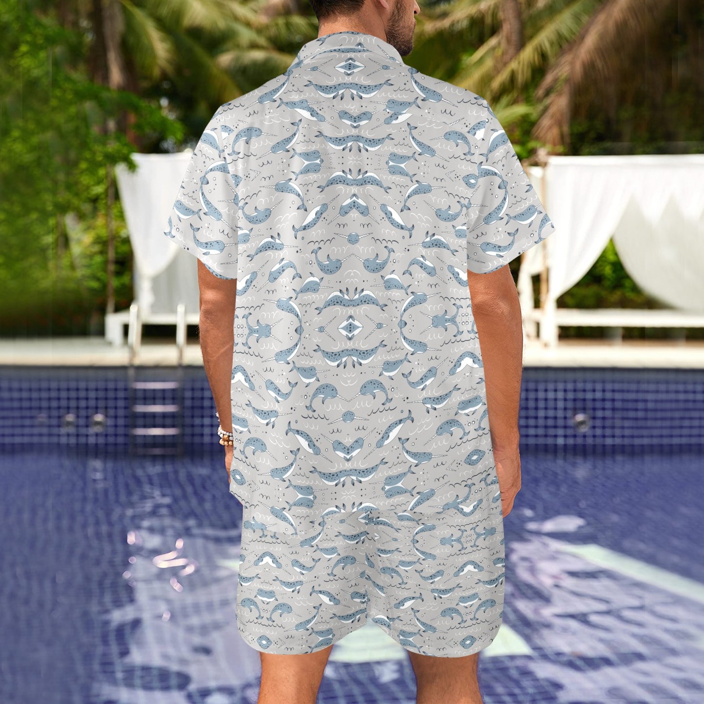 Narwhal Pattern Print Men's Beach Shirt and Shorts Set