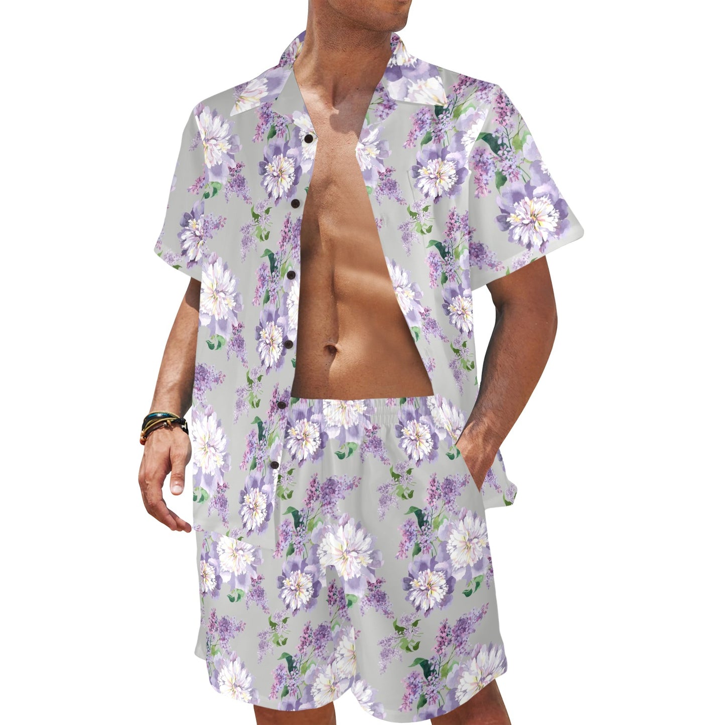Lilac Pattern Print Design LI07 Men's Beach Shirt and Shorts Set